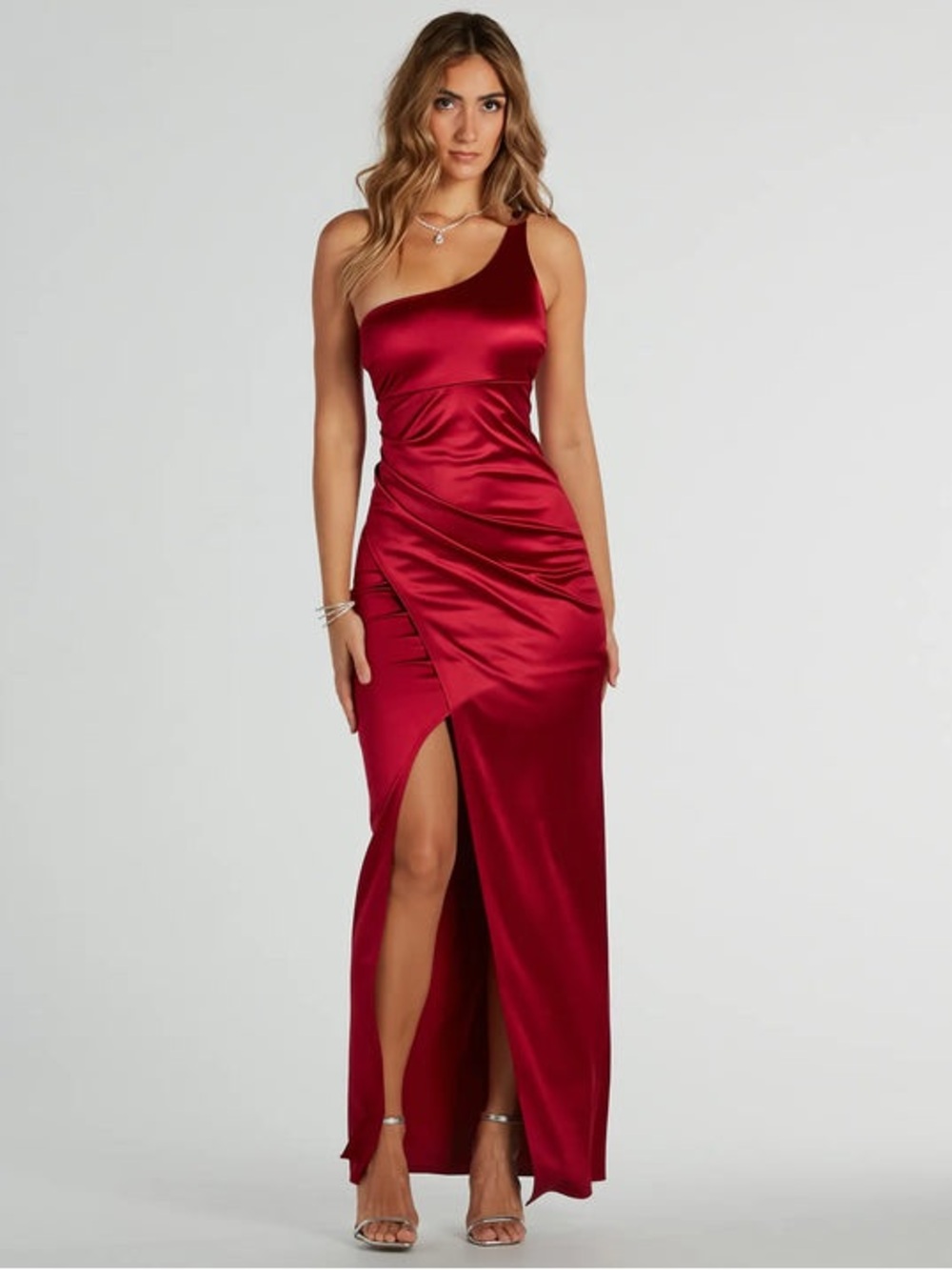 Windsor One-Shoulder Satin Gown in Deep Red with Side Slit